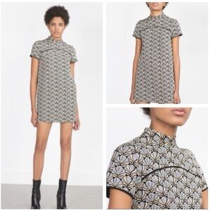 ZARA BASIC SIZE SMALL S BLUE HIGH NECK JACQUARD SHORT SLEEVE MINI CASUAL DRESS